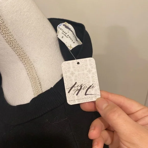 New Free People X Vintage Soul Crystal Fringe Crew Size S Washed Black - Picture 14 of 14